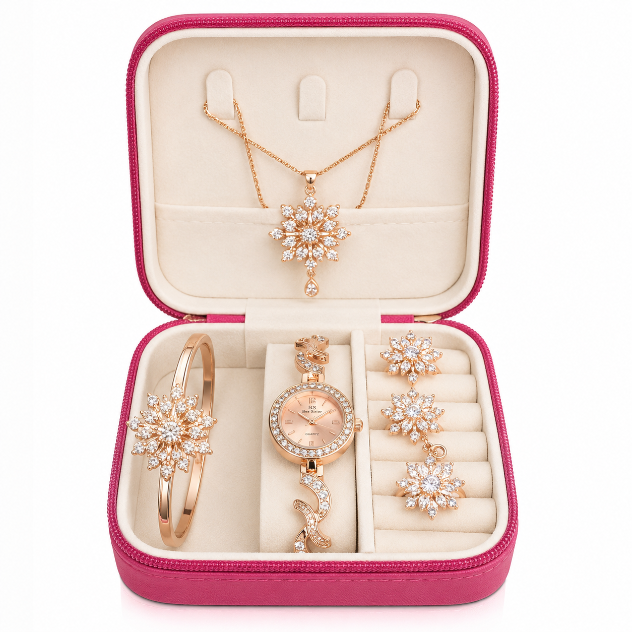Women’s Floral Rhinestone Watch & Jewelry Gift Set – 6-Piece Rose Gold Fashion Set