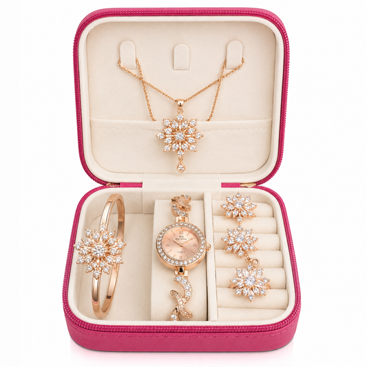 Women’s Floral Rhinestone Watch & Jewelry Gift Set – 6-Piece Rose Gold Fashion Set