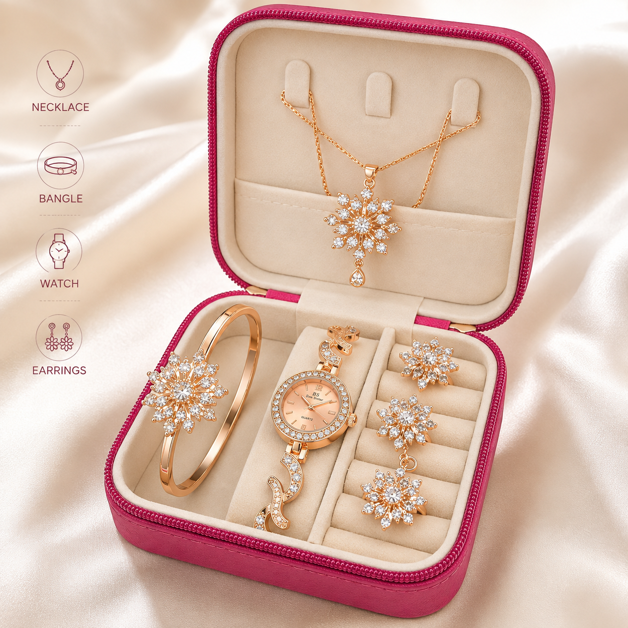Women’s Floral Rhinestone Watch & Jewelry Gift Set – 6-Piece Rose Gold Fashion Set