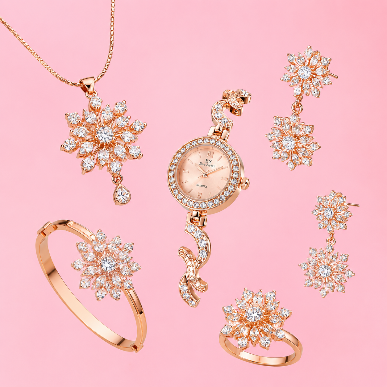 Women’s Floral Rhinestone Watch & Jewelry Gift Set – 6-Piece Rose Gold Fashion Set