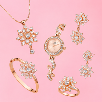 Women’s Floral Rhinestone Watch & Jewelry Gift Set – 6-Piece Rose Gold Fashion Set