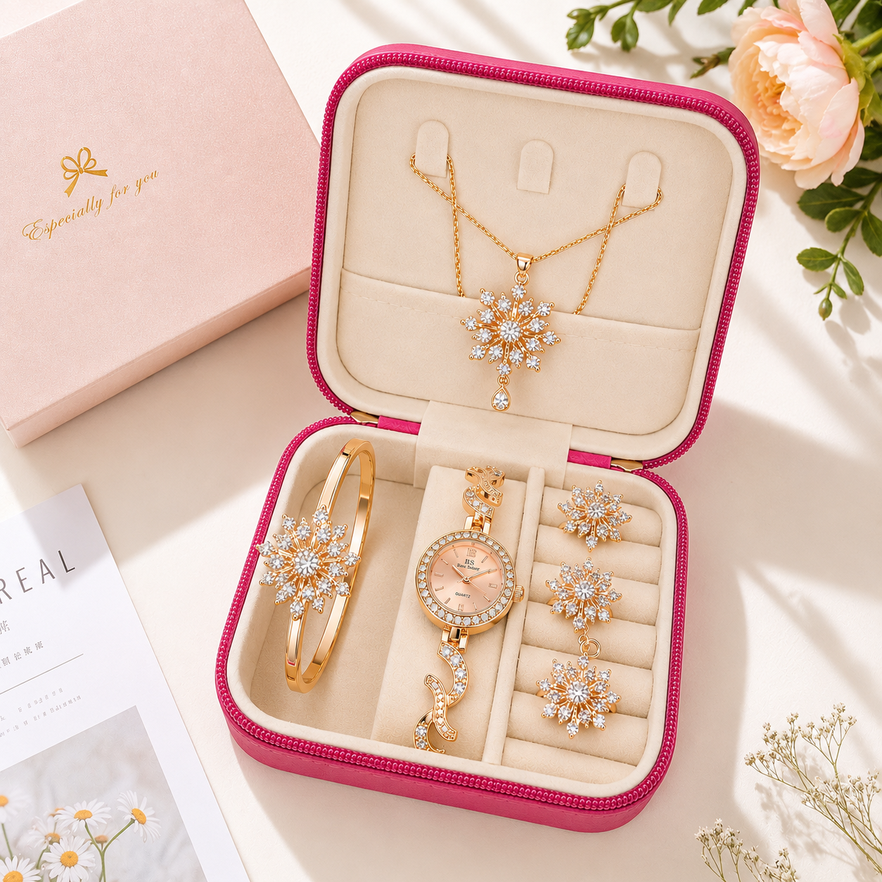 Women’s Floral Rhinestone Watch & Jewelry Gift Set – 6-Piece Rose Gold Fashion Set