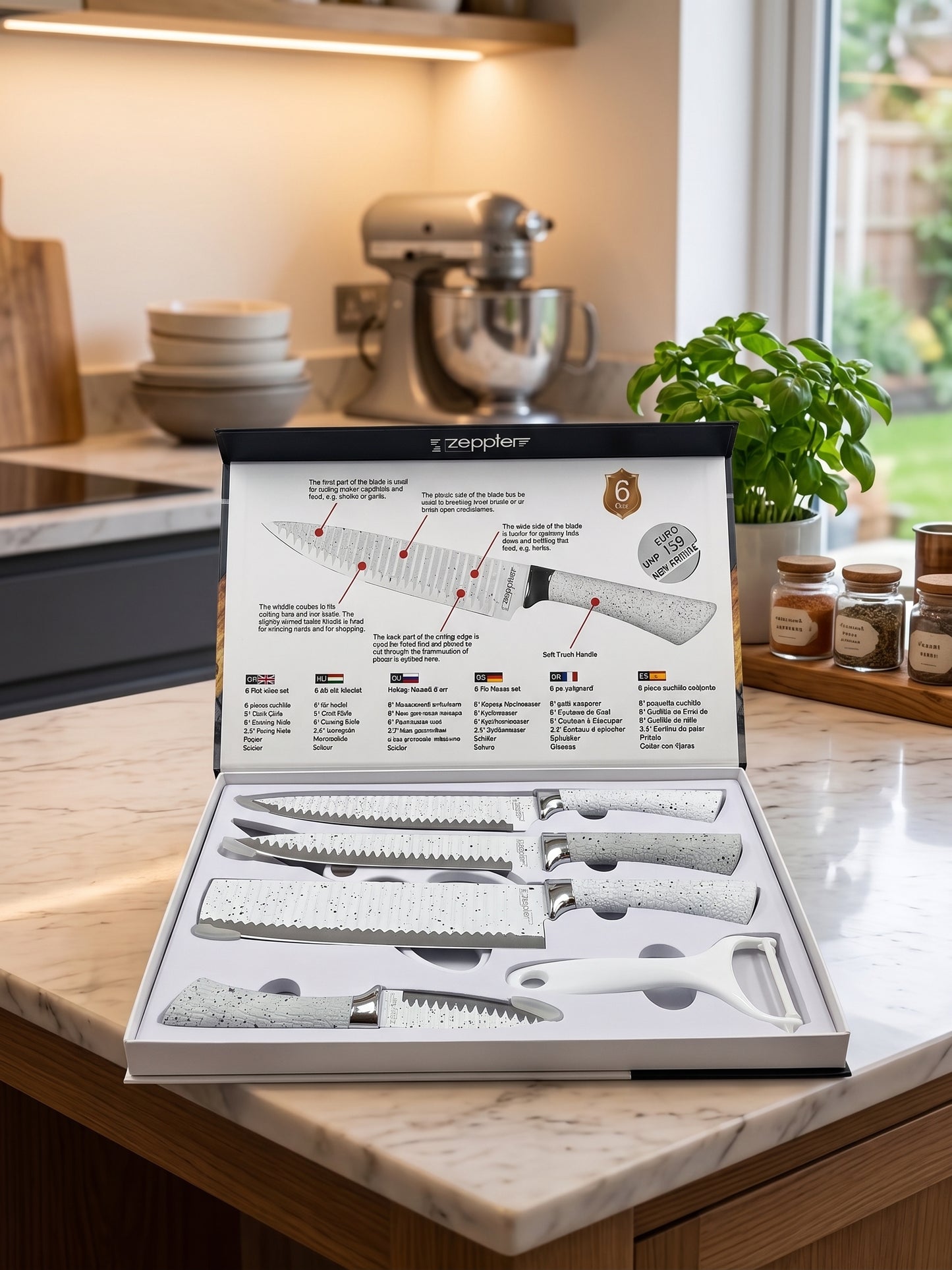 Zeppter 6-Piece Kitchen Knife Set – Premium Knives with Peeler & Opener