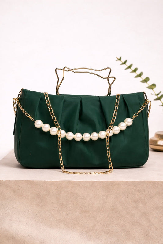 THE PEARL ELEGANCE PLEATED HANDBAG. (GREEN)