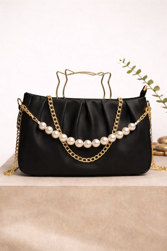 THE PEARL ELEGANCE PLEATED HANDBAG. (Black)
