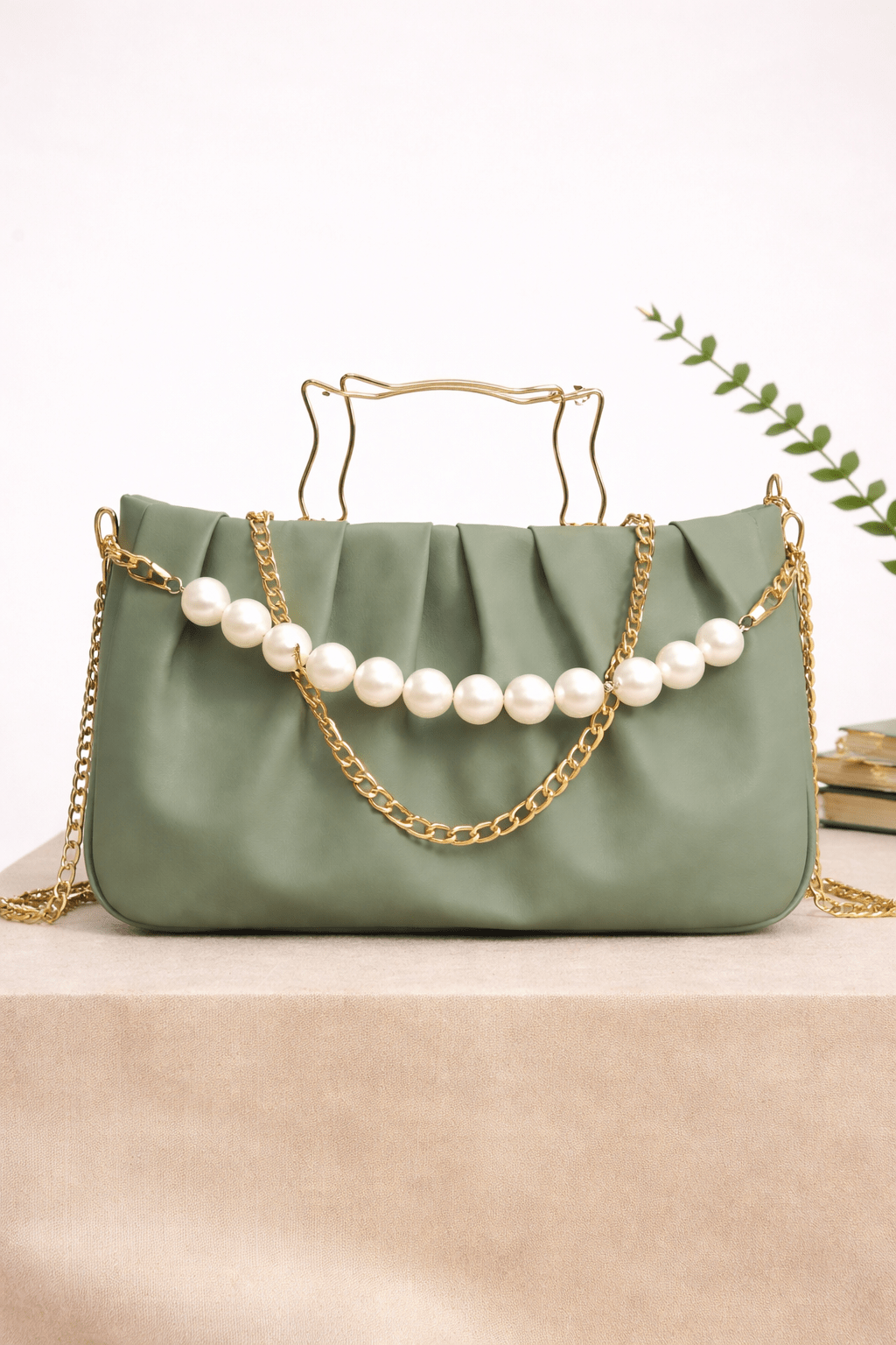 THE PEARL ELEGANCE PLEATED HANDBAG. (GREEN) - Nathan's Gift Shop